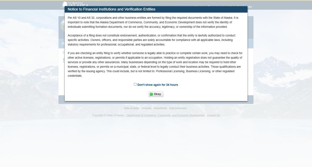 Alaska's entry notice, shown before the search: the state sets out what a record does and does not mean, including that it does not verify the identity of whoever filed the documents.