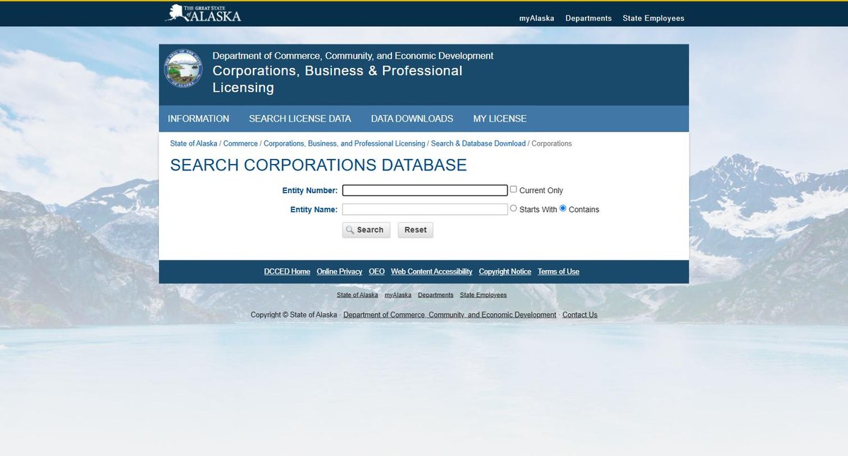 The Alaska business entity search on commerce.alaska.gov, run by the Alaska Division of Corporations, Business and Professional Licensing, offering entity name and entity number.