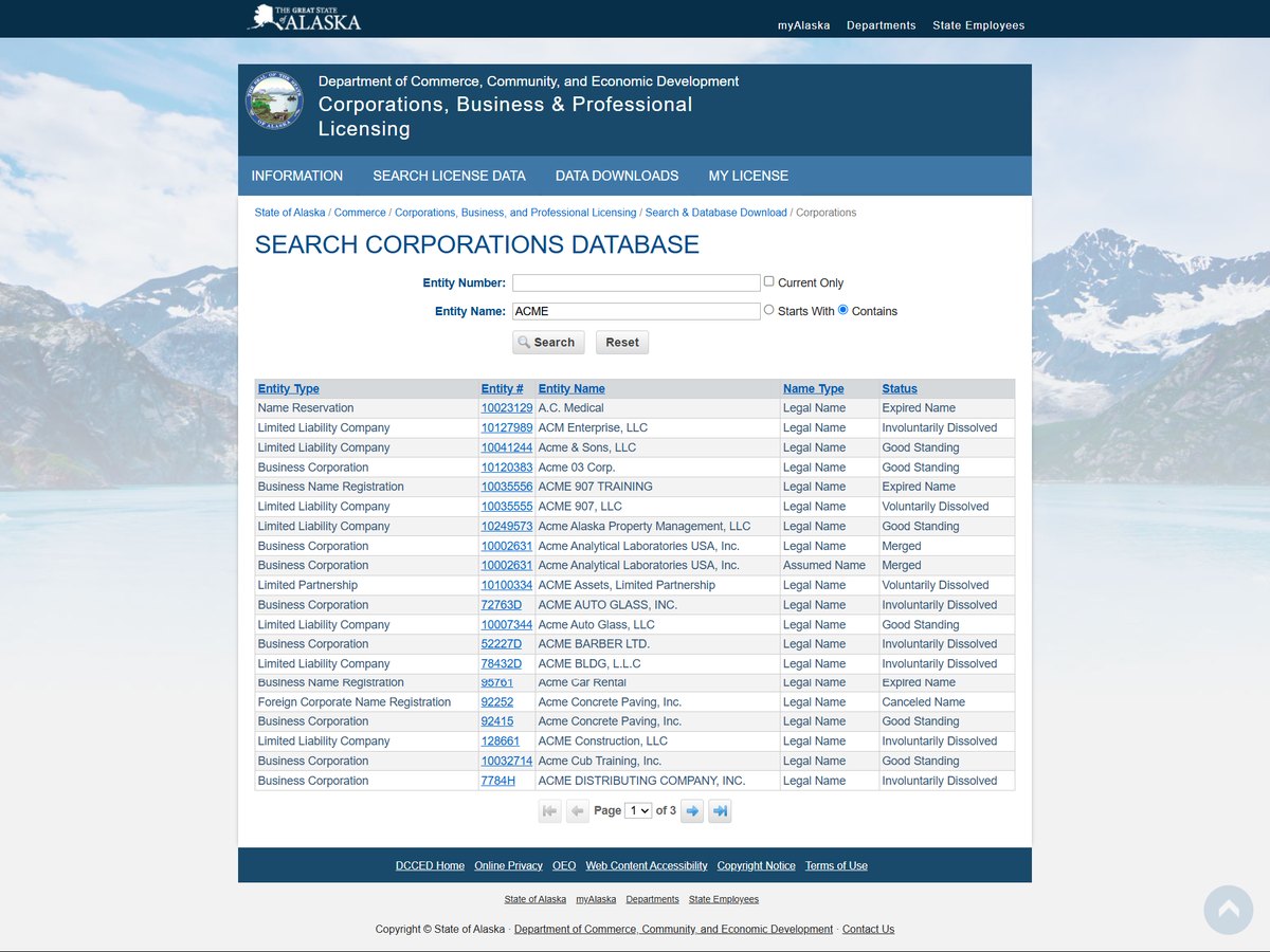 Alaska business entity search results on commerce.alaska.gov, listing entity type, entity number, entity name, name type and status for each entity.