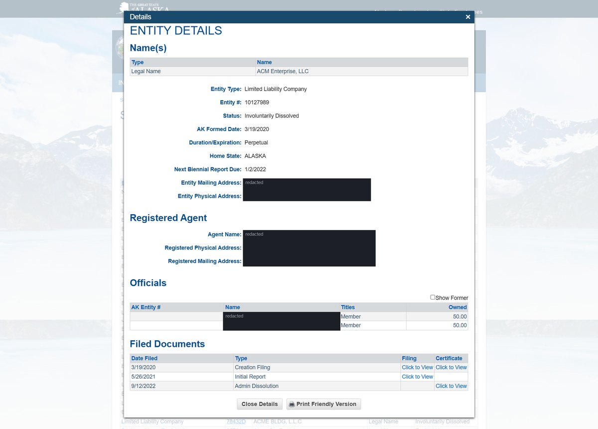 A single business entity record on the Alaska register at commerce.alaska.gov, showing a names table separating legal from assumed names, entity type, number and status, the Alaska formation date, duration or expiration, home state, the date the next biennial report is due. Personal names and addresses in this image are redacted.