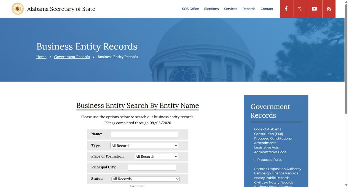 The Alabama business entity search on arc-sos.state.al.us, run by the Alabama Secretary of State, offering entity name and principal city. There is no match-mode setting on this screen.