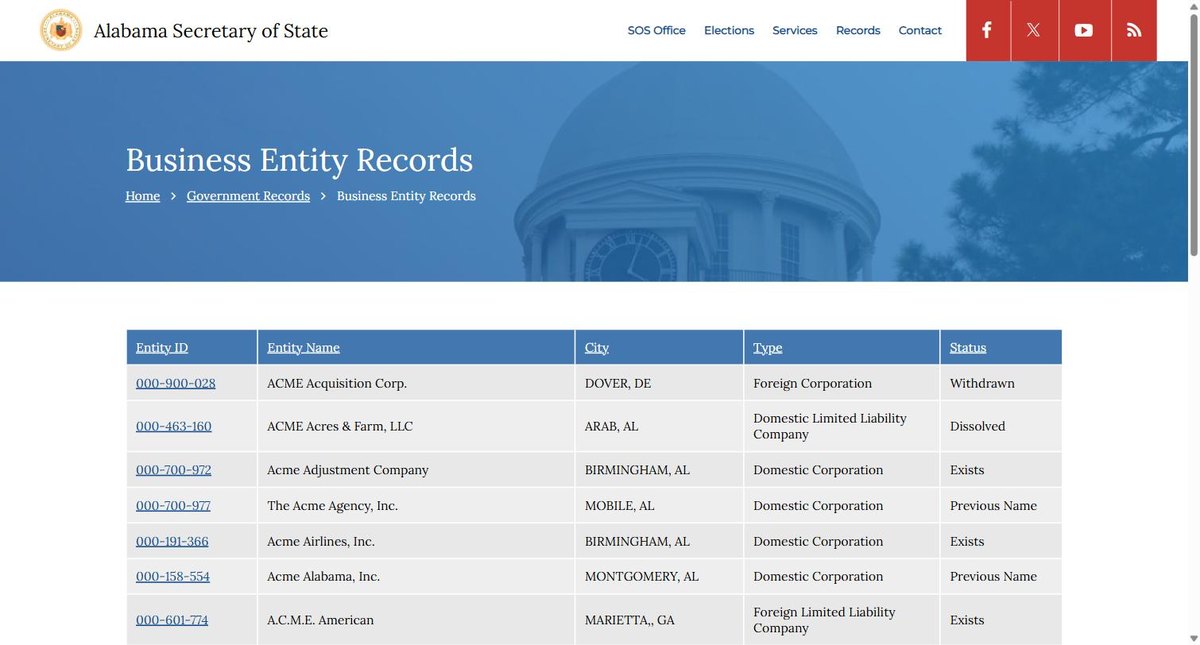 Alabama business entity search results on arc-sos.state.al.us, listing the entity ID, the entity name, the city, the entity type and its status for each entity.