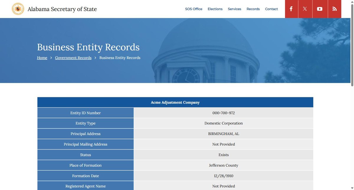A single business entity record on the Alabama register at arc-sos.state.al.us, showing entity ID number, entity type, principal address, principal mailing address, status, place of formation, given as a county, formation date and registered agent name.