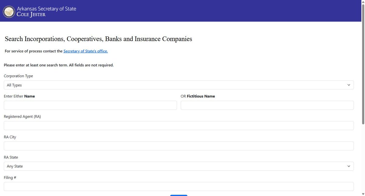 The Arkansas business entity search on sos-corp-search.ark.org, run by the Arkansas Secretary of State, offering name, fictitious name, registered agent and registered agent city. There is no match-mode setting on this screen.