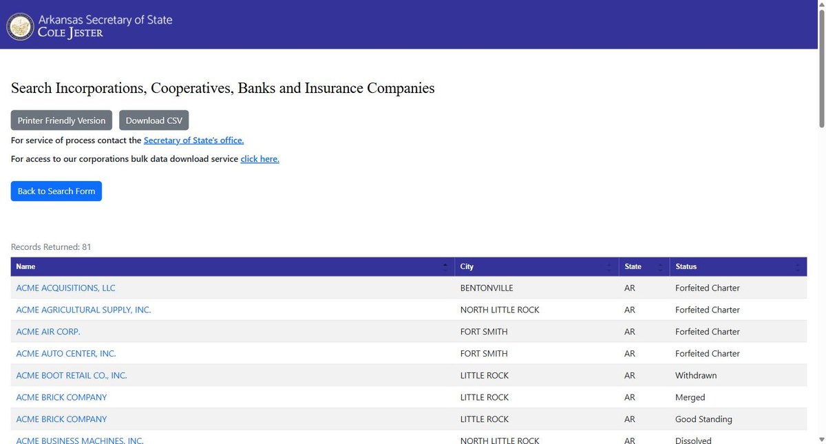 Arkansas business entity search results on sos-corp-search.ark.org, listing the name, the city, the state and its status for each entity.