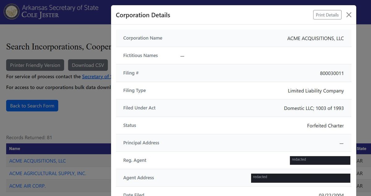 A single business entity record on the Arkansas register at sos-corp-search.ark.org, showing corporation name, any fictitious names, filing number, filing type, the act it was filed under, status, principal address, registered agent and their address and date filed. Personal names and addresses in this image are redacted.
