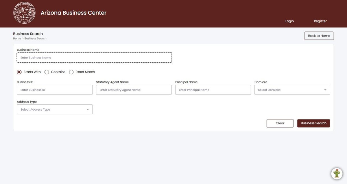 The Arizona business entity search on arizonabusinesscenter.azcc.gov, run by the Arizona Corporation Commission, offering business name, business ID, statutory agent name and principal name.