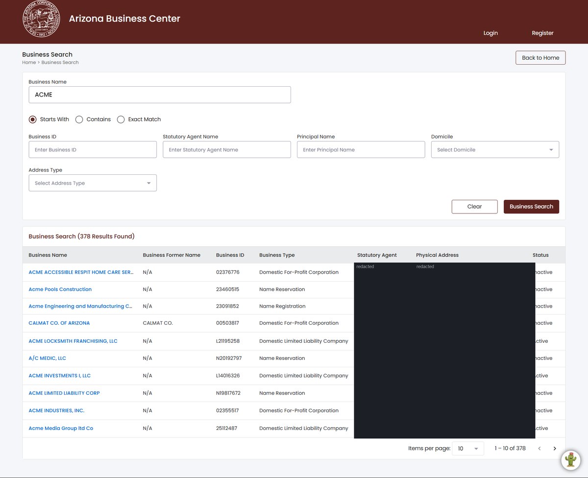 Arizona business entity search results on arizonabusinesscenter.azcc.gov, listing business name, business former name, business ID, business type, statutory agent, physical address and status for each entity. Personal names and addresses in this image are redacted.