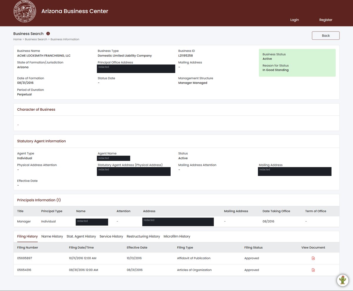 A single business entity record on the Arizona register at arizonabusinesscenter.azcc.gov, showing business name, type and ID, state of formation, principal office and mailing addresses, date of formation, status date and period of duration, management structure, member managed or manager managed. Personal names and addresses in this image are redacted.
