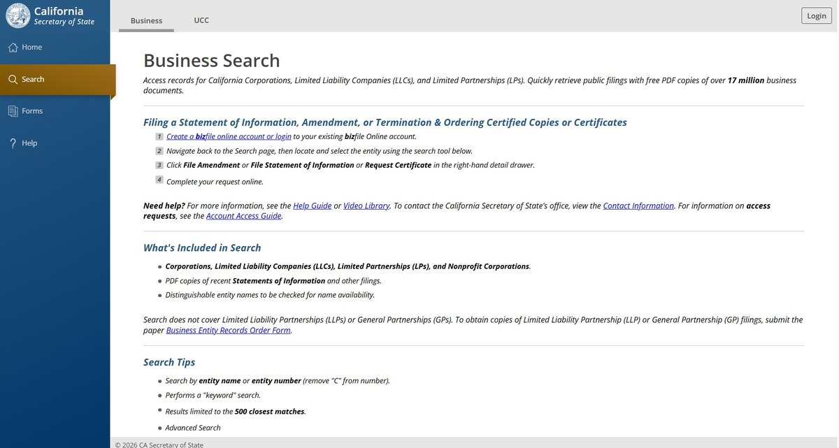 The top of California's business search on bizfileonline.sos.ca.gov, with the search box above a notice about who can file a statement of information online.