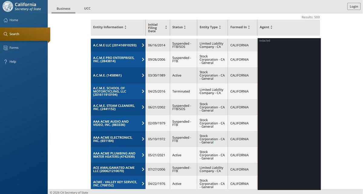 California business entity search results on bizfileonline.sos.ca.gov, listing the entity name with its number, the initial filing date, its status, the entity type, where it was formed and the agent for each entity. Personal names in this image are redacted.