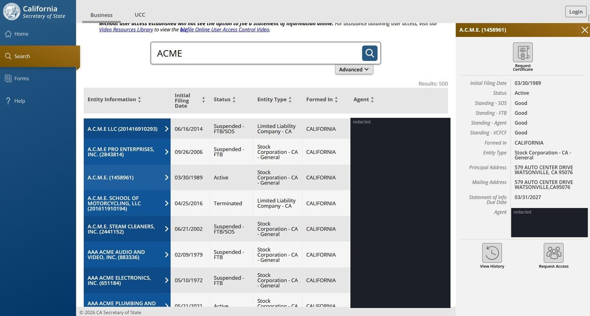 A single business entity record on the California register at bizfileonline.sos.ca.gov, showing the initial filing date, the overall status, four separate standings, shown one under the other: SOS, FTB, agent and VCFCF, where it was formed and the entity type, principal and mailing addresses. Personal names and addresses in this image are redacted.