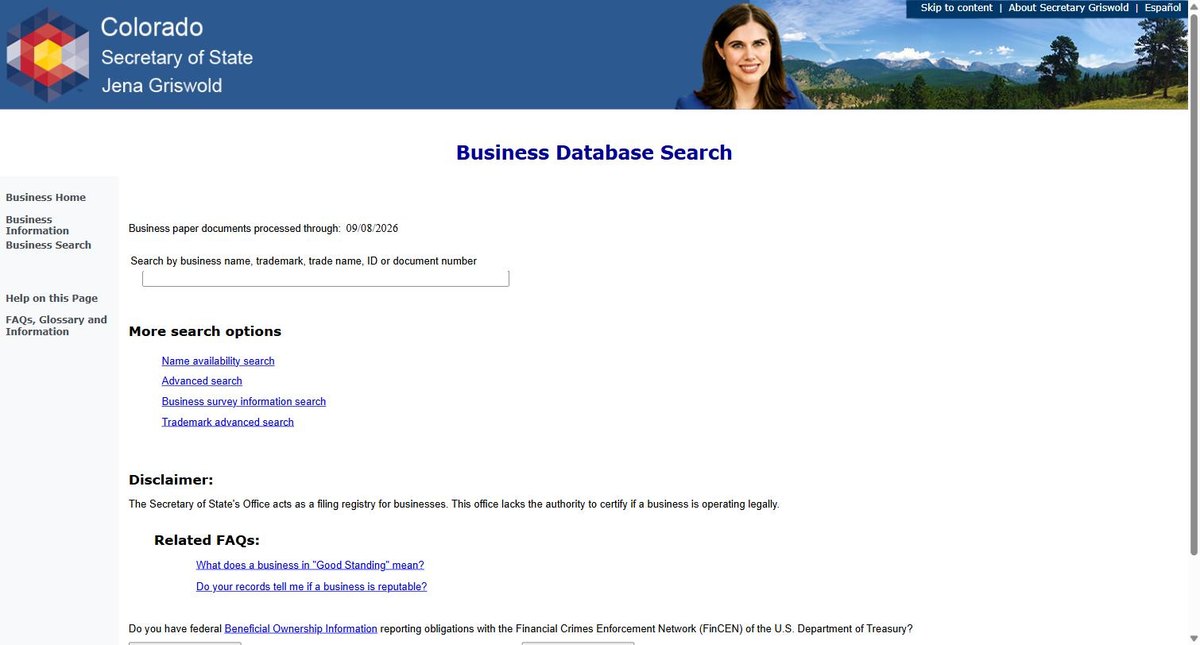 The Colorado business entity search on coloradosos.gov, run by the Colorado Secretary of State, offering business name, trademark, trade name and ID. There is no match-mode setting on this screen.