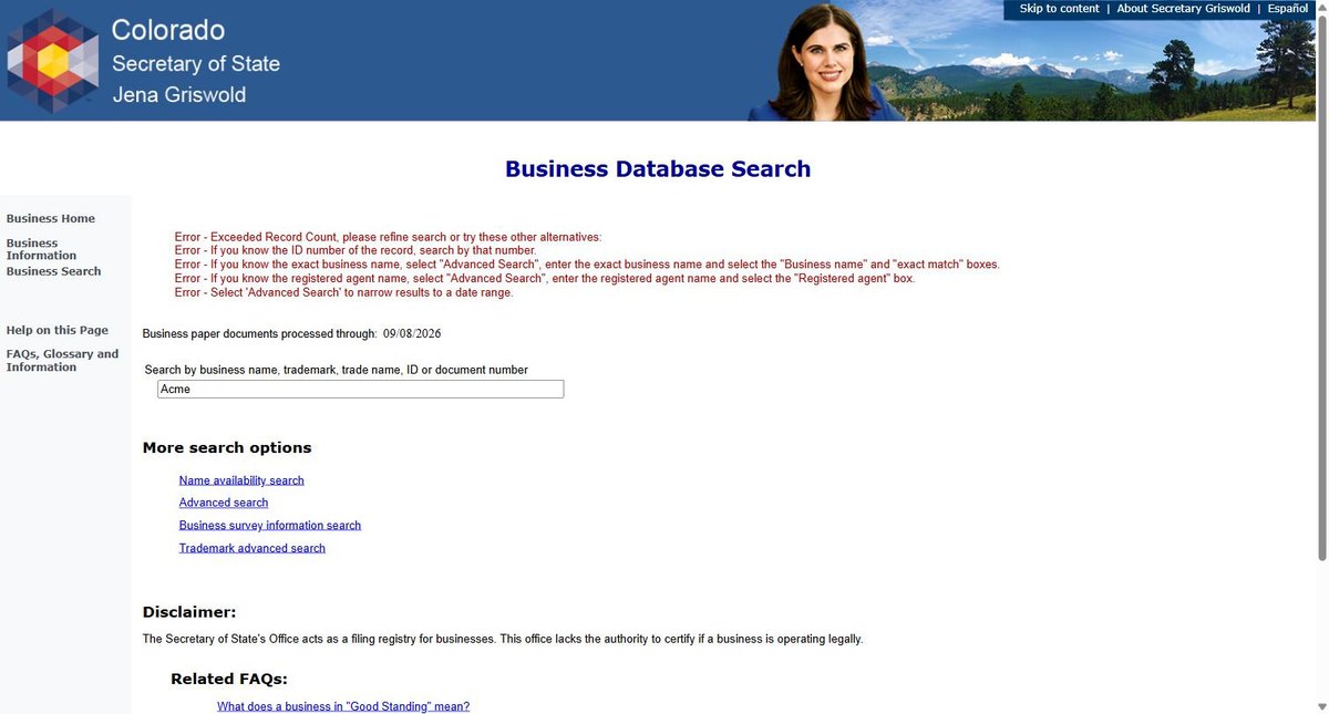 A single business entity record on the Colorado register at coloradosos.gov, showing name and status, ID number, form of entity and home jurisdiction, formation date, the month its periodic report is due, principal office and mailing addresses.