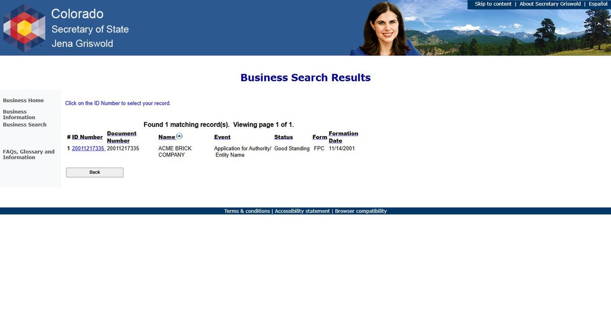 Colorado business entity search results on coloradosos.gov, listing the ID number, the document number, the name, the event, its status, the form of entity and the formation date for each entity.