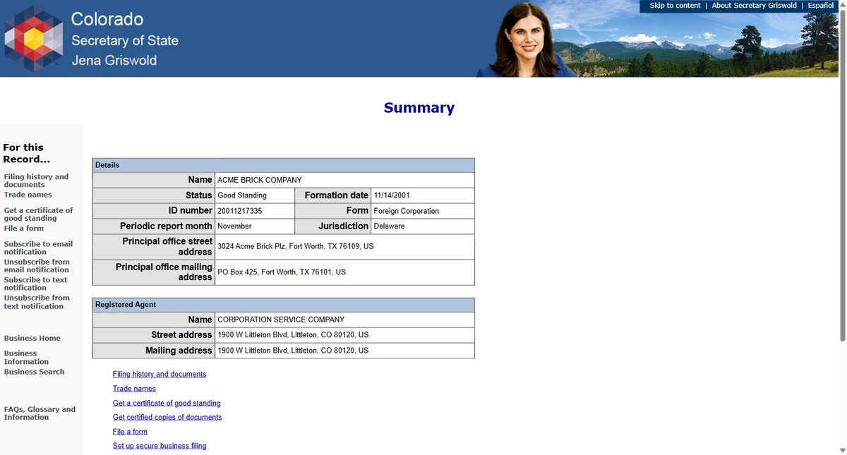 A single business entity record on the Colorado register at coloradosos.gov, showing name and status, ID number, form of entity and home jurisdiction, formation date, the month its periodic report is due, principal office and mailing addresses.