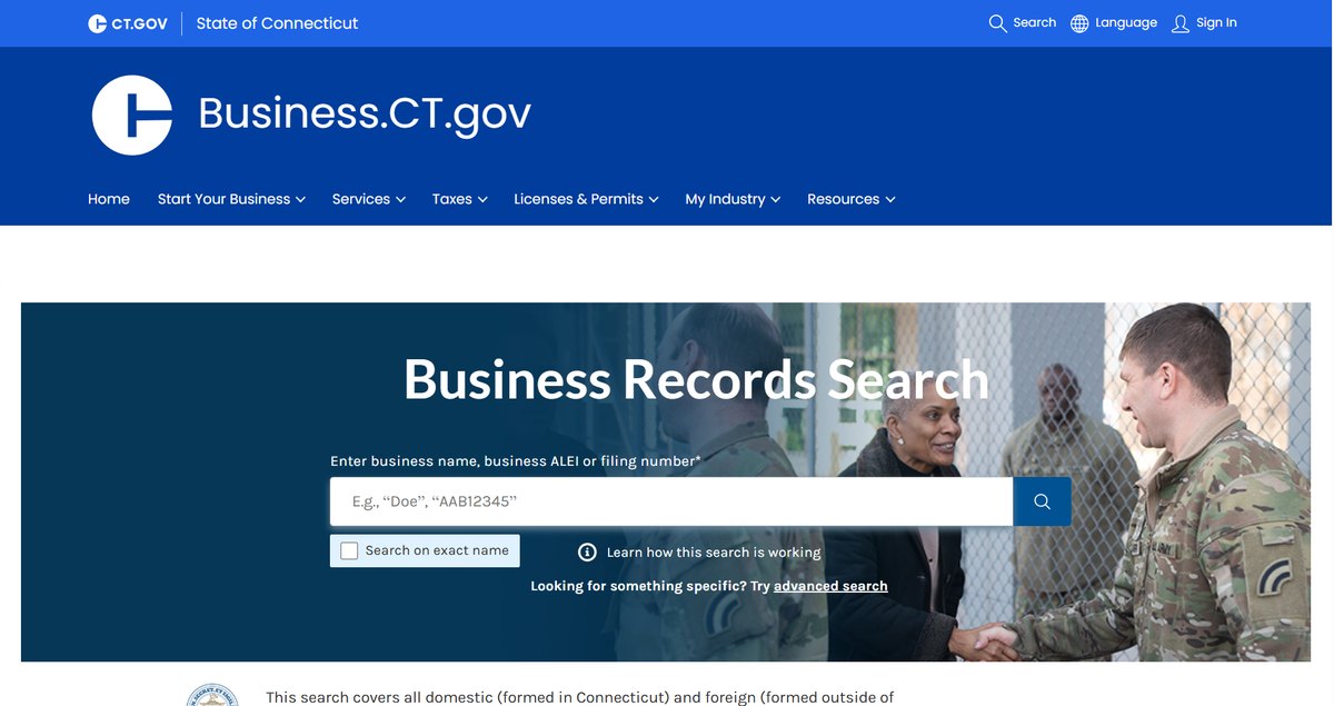 Connecticut's online business search on service.ct.gov, a single business-name field with a 'Search on exact name' tick box left unticked beneath it.