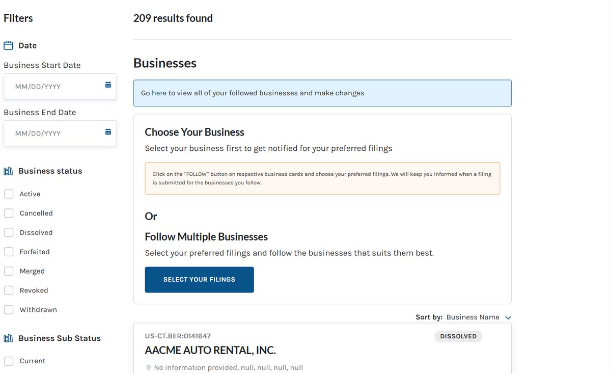 Connecticut business entity search results for Acme Inc, with a left-hand filter rail offering business start and end date, business status and business sub status.