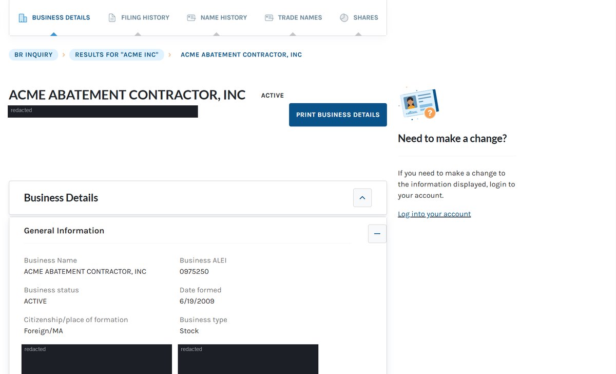 A Connecticut business record for Acme Abatement Contractor, Inc., showing status, ALEI, date formed, citizenship and business type across tabs for business details, filing history, name history, trade names and shares. The business address is redacted.