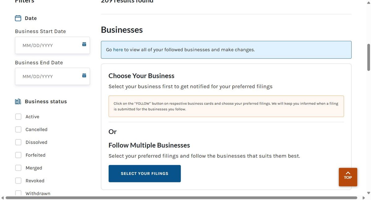 The Connecticut filter rail and follow-businesses panel, showing the status filters available on a result set.