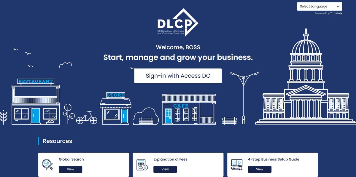 The Washington DC business portal home page, where the entity search is reached through a global search link rather than a search box on the page.