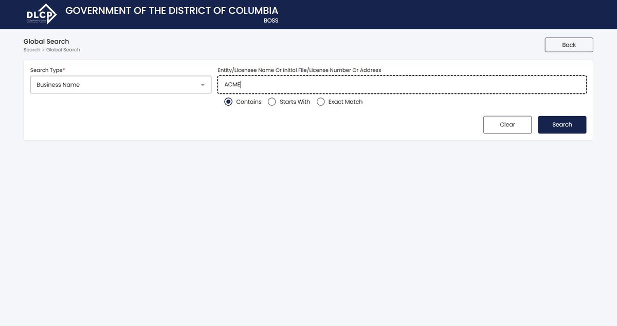 Washington DC's global search screen, the single box that covers the business register.