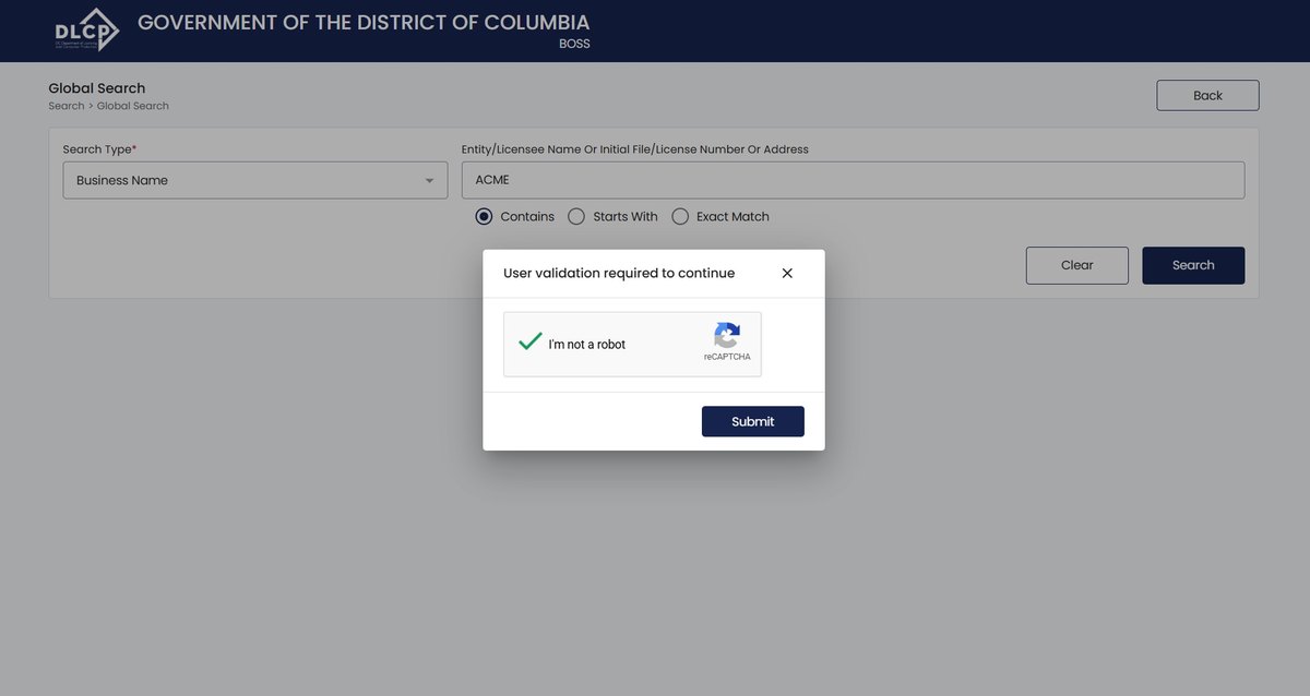 The reCAPTCHA on Washington DC's search, which gates the search itself rather than the page.