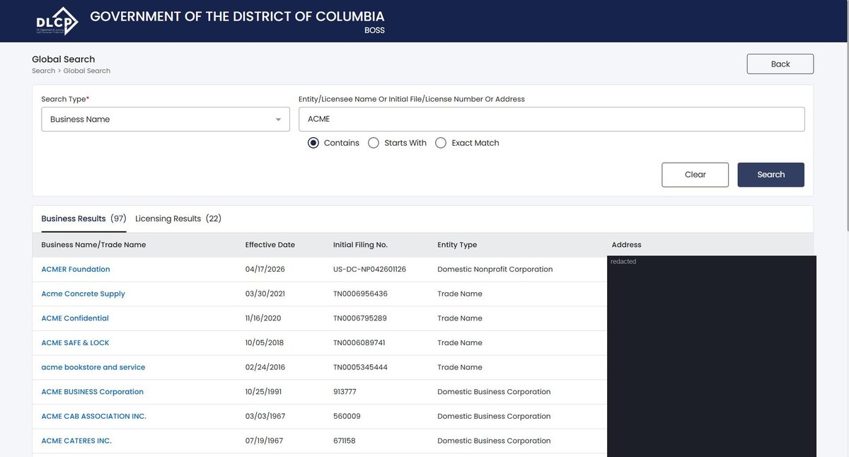 District of Columbia business entity search results on corponline.dcra.dc.gov, listing business name / trade name, effective date, initial filing number, entity type and address for each entity. Street addresses in this image are redacted.
