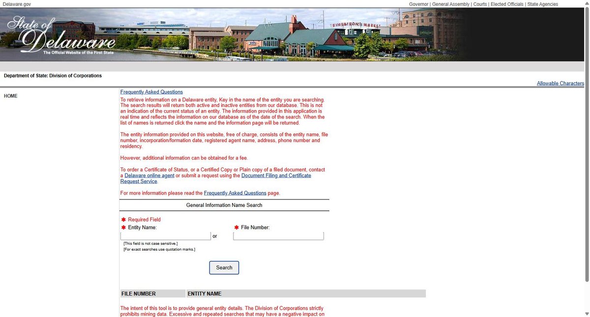 The Delaware business entity search on icis.corp.delaware.gov, run by the Delaware Division of Corporations, offering entity name and file number.