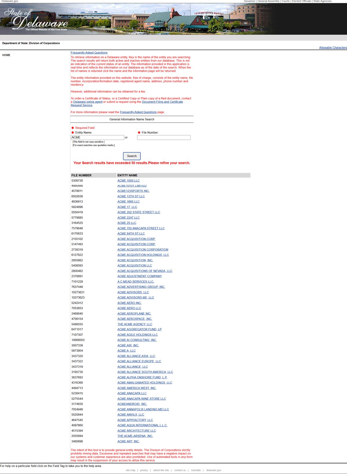 Delaware business entity search results on icis.corp.delaware.gov, listing the file number and the entity name for each entity.