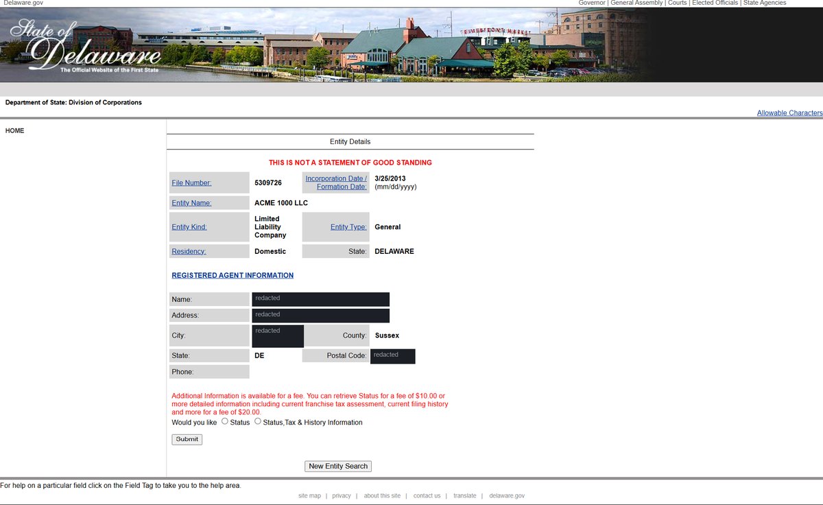 A single business entity record on the Delaware register at icis.corp.delaware.gov, showing the file number, entity name, entity kind and entity type, residency, domestic or foreign, and the state, the incorporation or formation date, registered agent name, address, city, county, state. Personal names and addresses in this image are redacted.