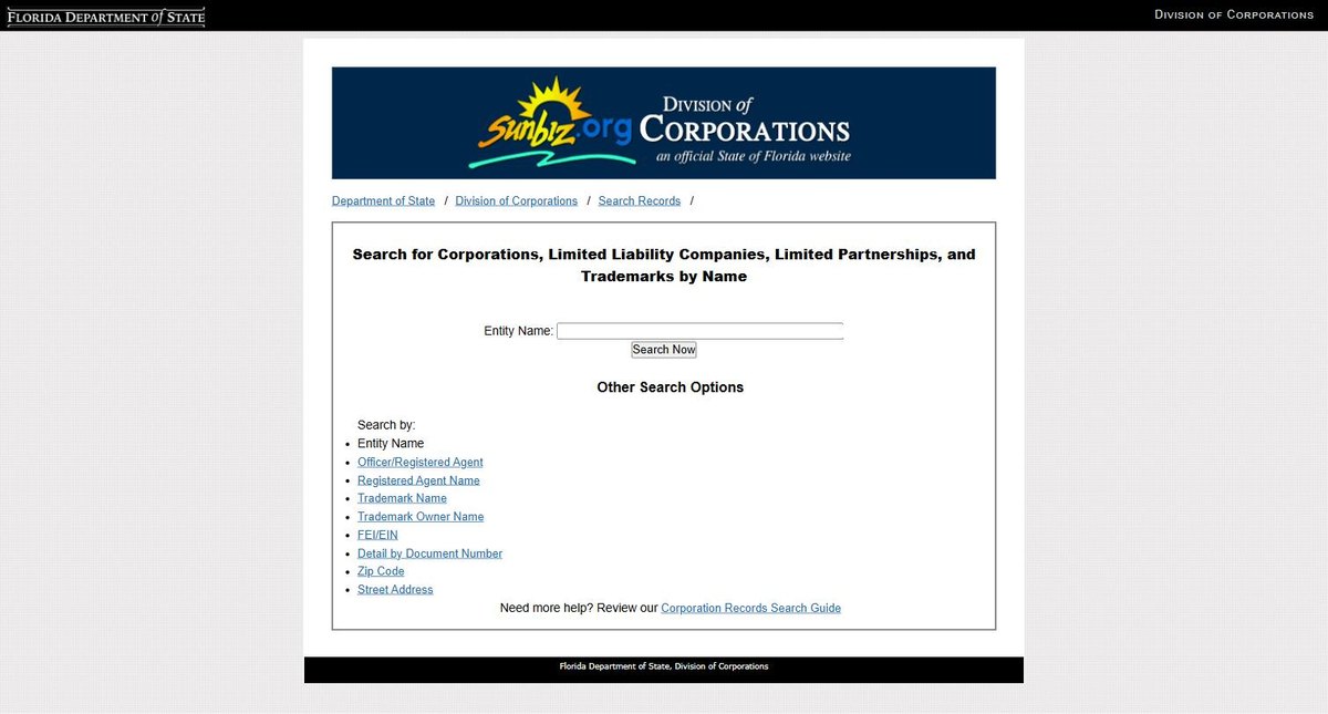 The Florida business entity search on search.sunbiz.org, run by the Florida Division of Corporations, offering entity name, officer or registered agent, registered agent name and trademark name. There is no match-mode setting on this screen.