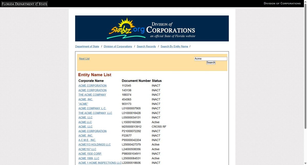 Florida business entity search results on search.sunbiz.org, listing the corporate name, the document number and its status for each entity.