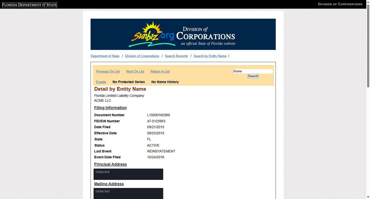 A single business entity record on the Florida register at search.sunbiz.org, showing document number, the federal EIN, date filed and effective date, state, status, the last event and when it was filed, principal and mailing addresses and tabs for events. Street addresses in this image are redacted.