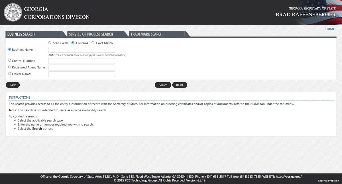 The Georgia business entity search on ecorp.sos.ga.gov, run by the Georgia Secretary of State, offering business name, control number, registered agent name and officer name.