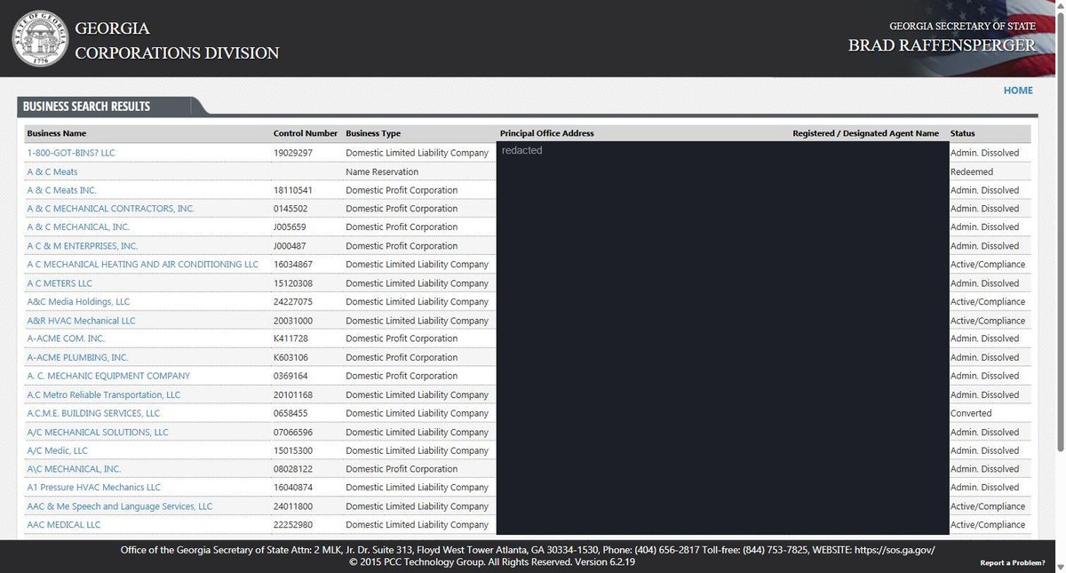 Georgia business entity search results on ecorp.sos.ga.gov, listing the business name, the control number, the business type, the principal office address, the registered or designated agent and its status for each entity. Personal names and addresses in this image are redacted.