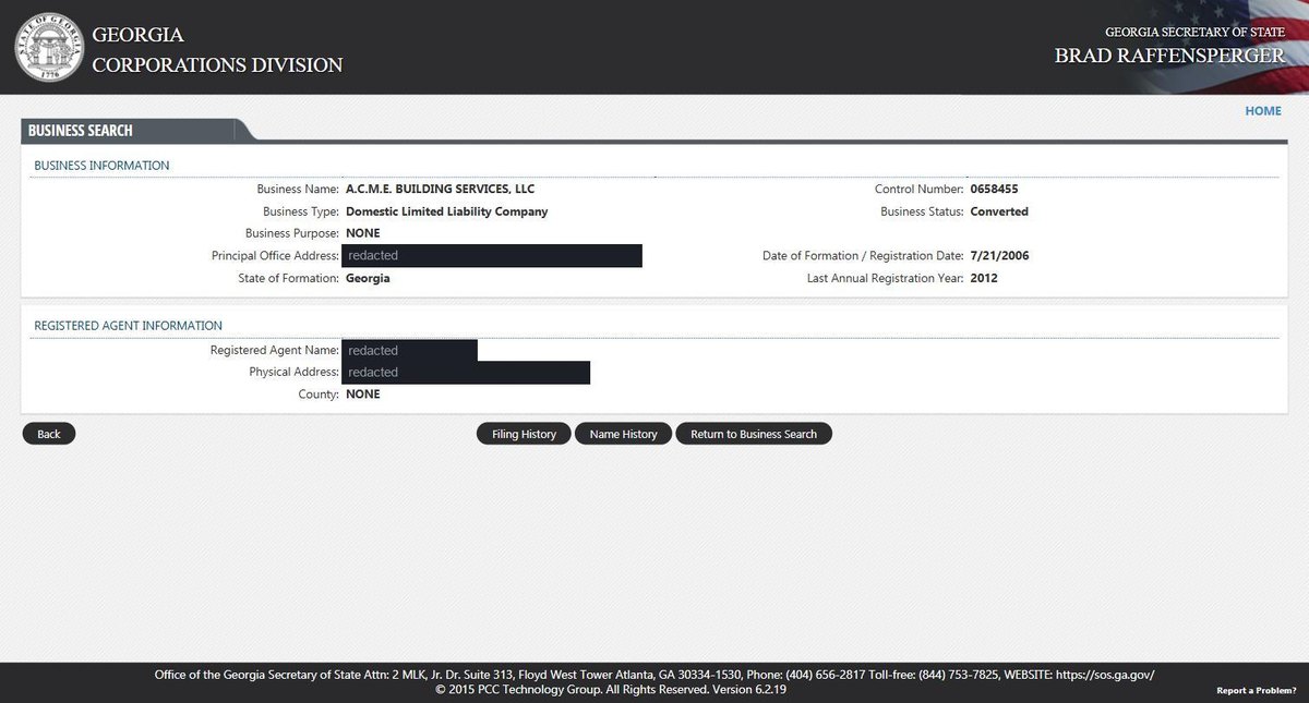 A single business entity record on the Georgia register at ecorp.sos.ga.gov, showing control number, business type and status, business purpose, principal office address, date of formation or registration, state of formation, the last year an annual registration was filed. Personal names and addresses in this image are redacted.