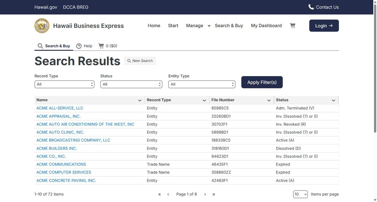 Hawaii business entity search results on hbe.dcca.hawaii.gov, listing the name, the record type, the file number and its status for each entity.
