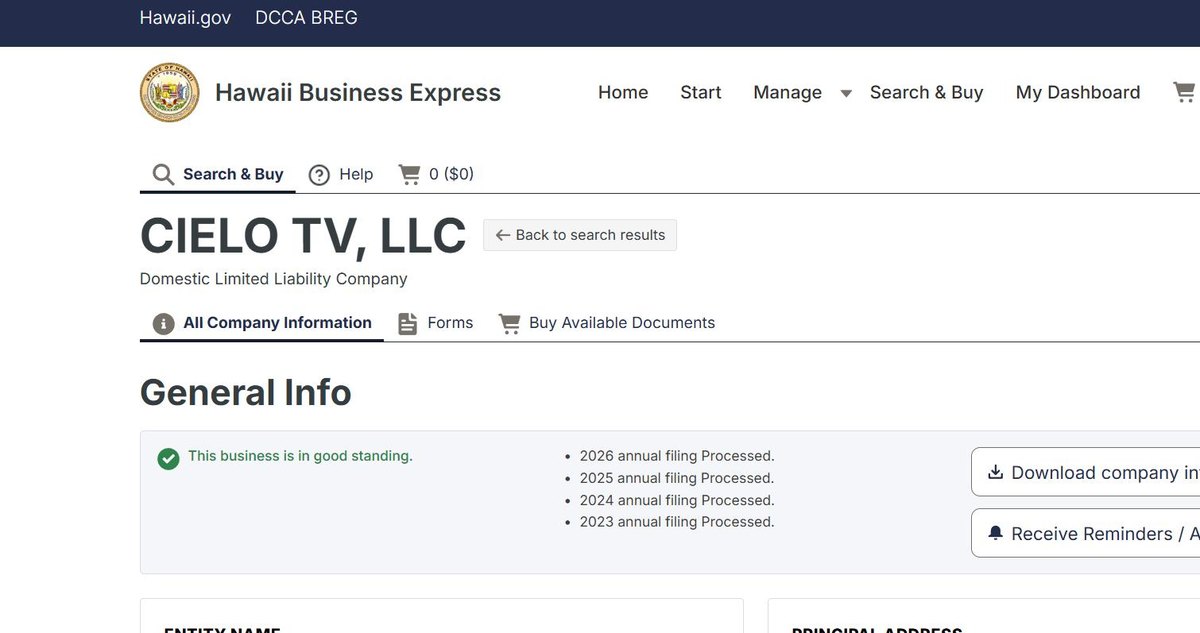 A single business entity record on the Hawaii register at hbe.dcca.hawaii.gov, showing whether the business is in good standing, which annual filings have been processed, by year, entity name and principal address.
