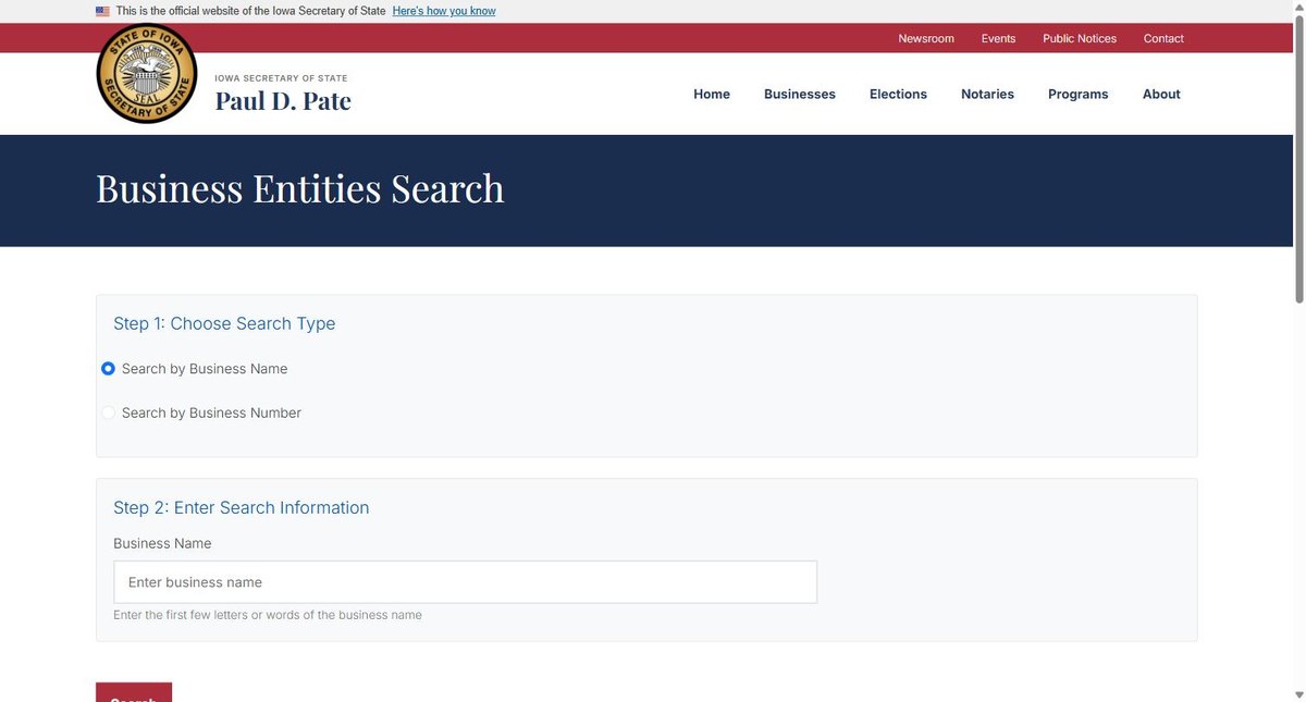 The Iowa business entity search on sos.iowa.gov, run by the Iowa Secretary of State, offering business name and business number.
