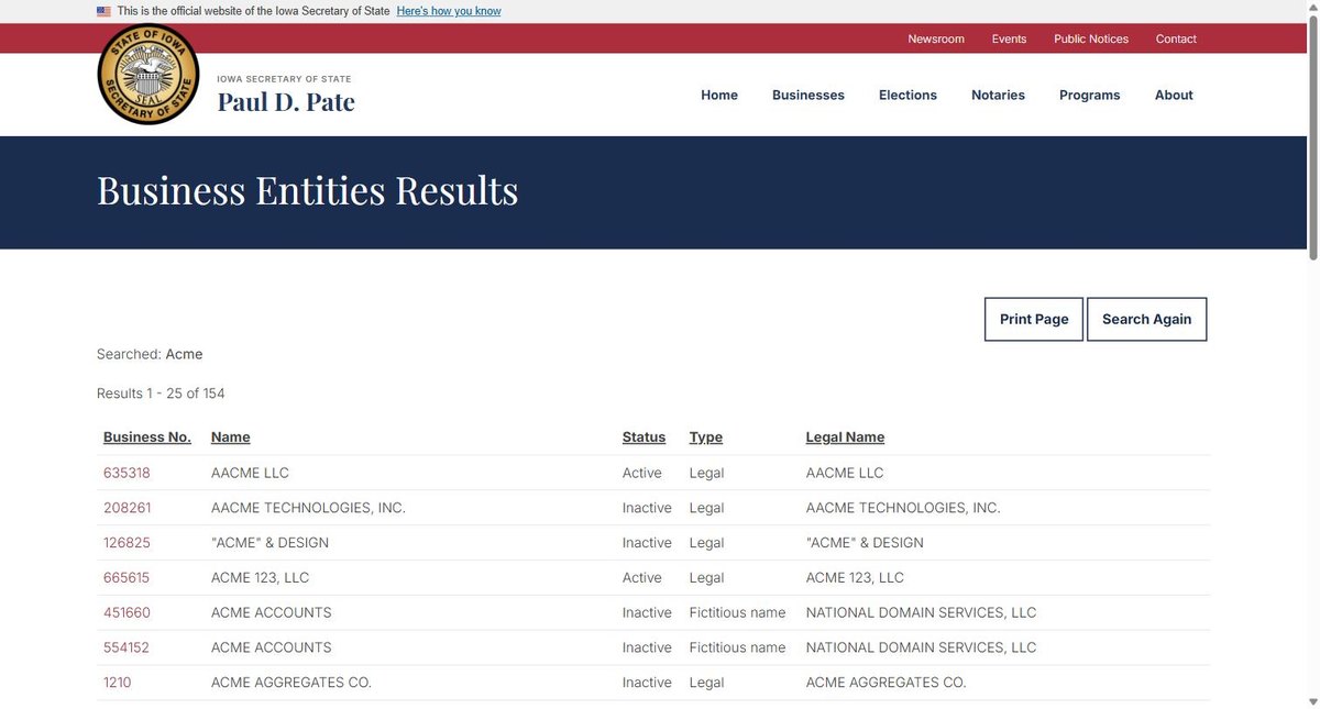 Iowa business entity search results on sos.iowa.gov, listing business number, name, status, type and legal name for each entity.