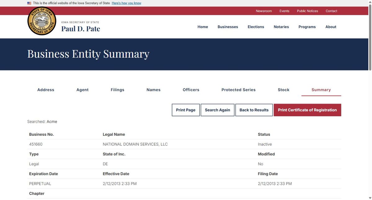 A single business entity record on the Iowa register at sos.iowa.gov, showing A tabbed record: Address, Agent, Filings, Names, Officers, Protected Series, Stock and Summary. Summary carries the business number, legal name, status, type, state of incorporation.