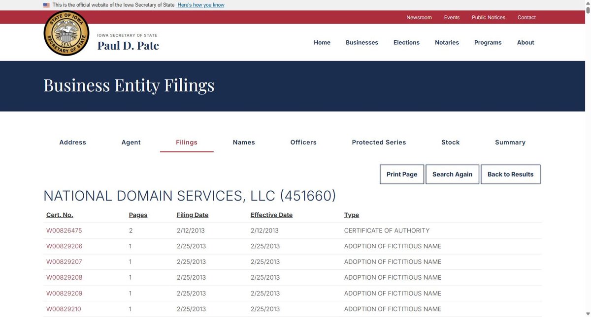 The Filings tab of an Iowa record, listing each filed document with a page count against it.