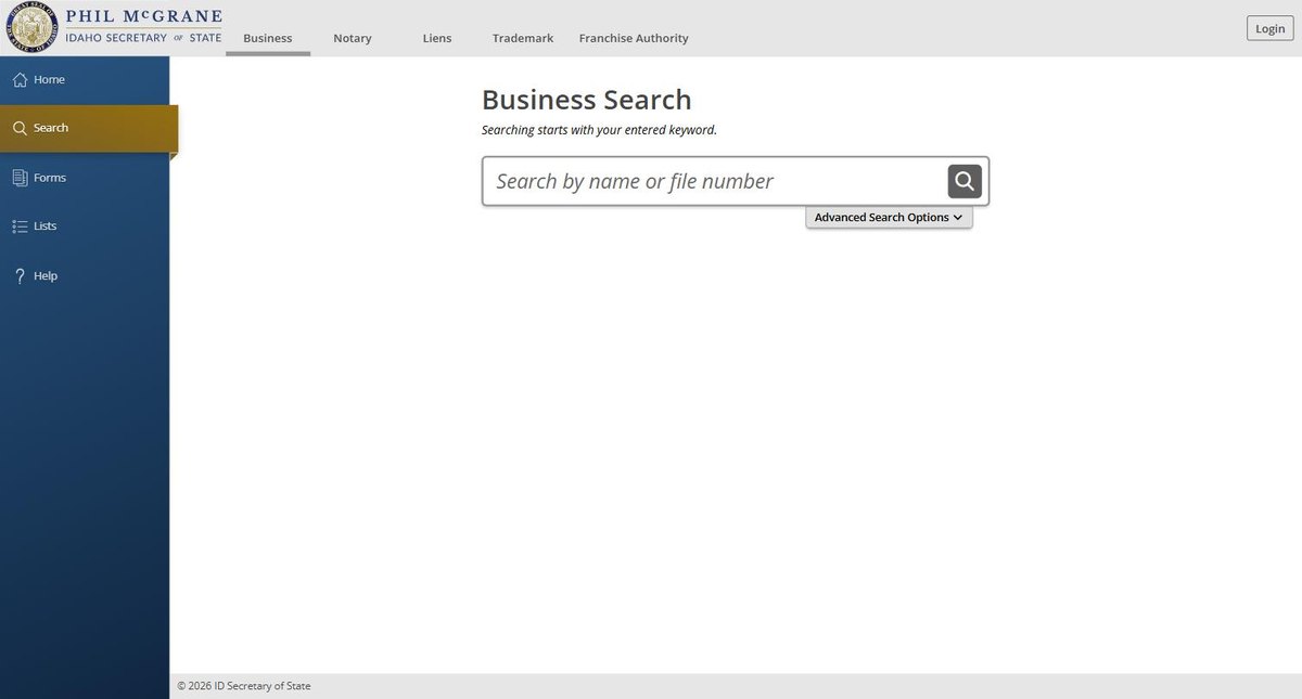 The Idaho business entity search on sosbiz.idaho.gov, run by the Idaho Secretary of State, offering business name or file number and registered agent.
