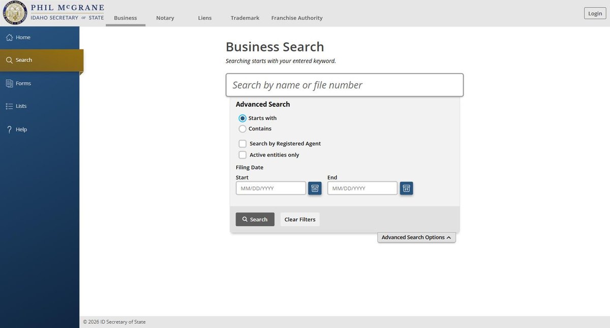 Advanced search options on the Idaho business entity search, expanded. Starts with or Contains, a Search by Registered Agent tick box, an Active entities only tick box, and a filing date range. Notaries, liens, trademarks and franchise filings each have their own tab.