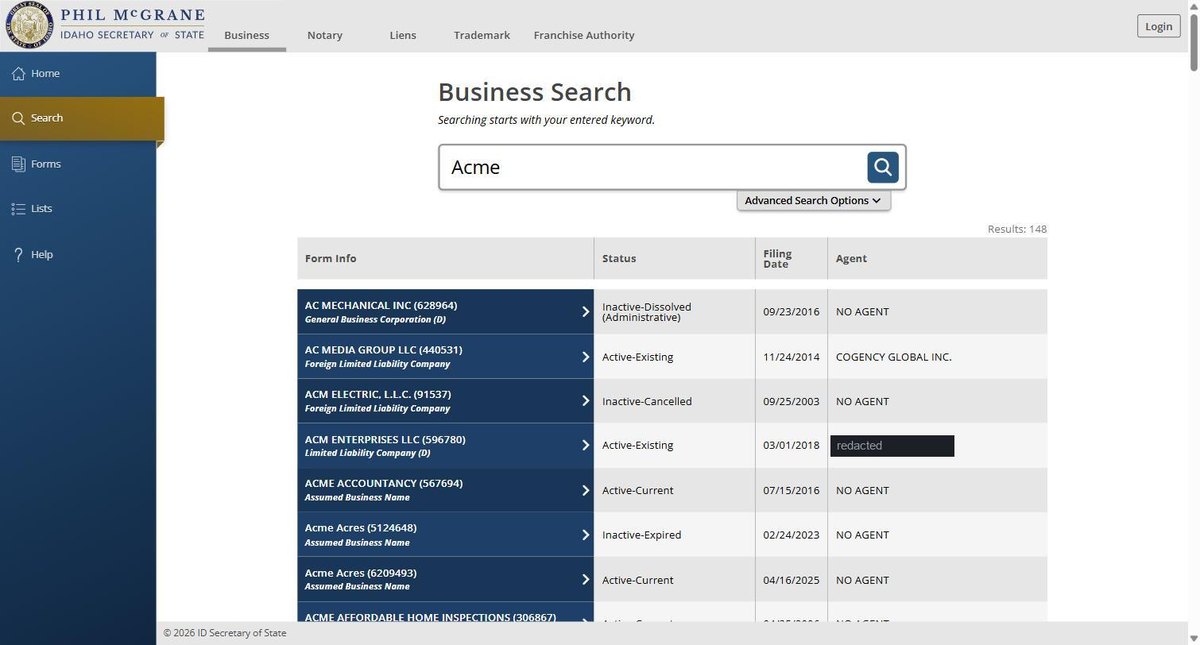 Idaho business entity search results on sosbiz.idaho.gov, listing the name with its file number and entity type, its status, the filing date and the registered agent for each entity. Personal names in this image are redacted.