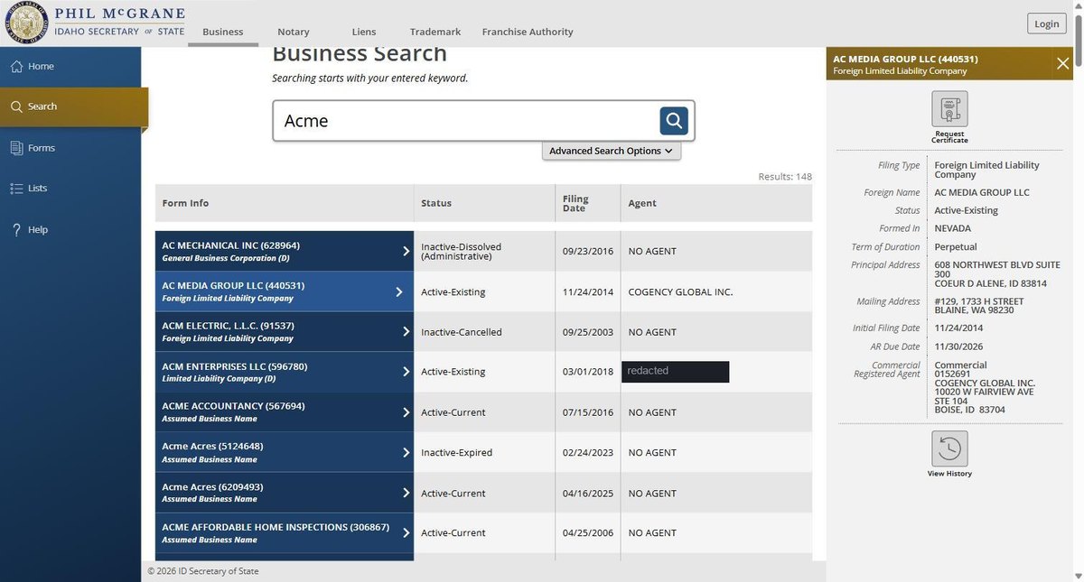A single business entity record on the Idaho register at sosbiz.idaho.gov, showing the filing type, the name it trades under in its home state, its status, where it was formed, its term of duration, principal and mailing addresses, the initial filing date. Personal names in this image are redacted.