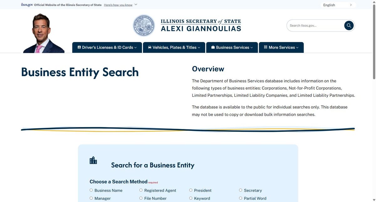 The Illinois business entity search on apps.ilsos.gov, run by the Illinois Secretary of State, offering business name, registered agent, president and secretary.