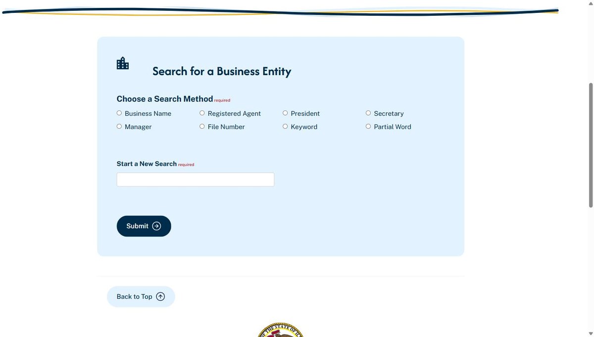 The Illinois business entity search on apps.ilsos.gov, run by the Illinois Secretary of State, offering business name, registered agent, president and secretary.