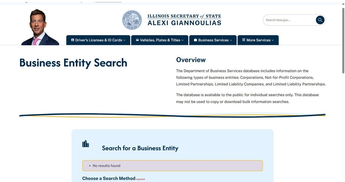 Illinois business entity search results on apps.ilsos.gov, listing file number, entity type, entity name, entity status, registered effective date and registered agent for each entity.